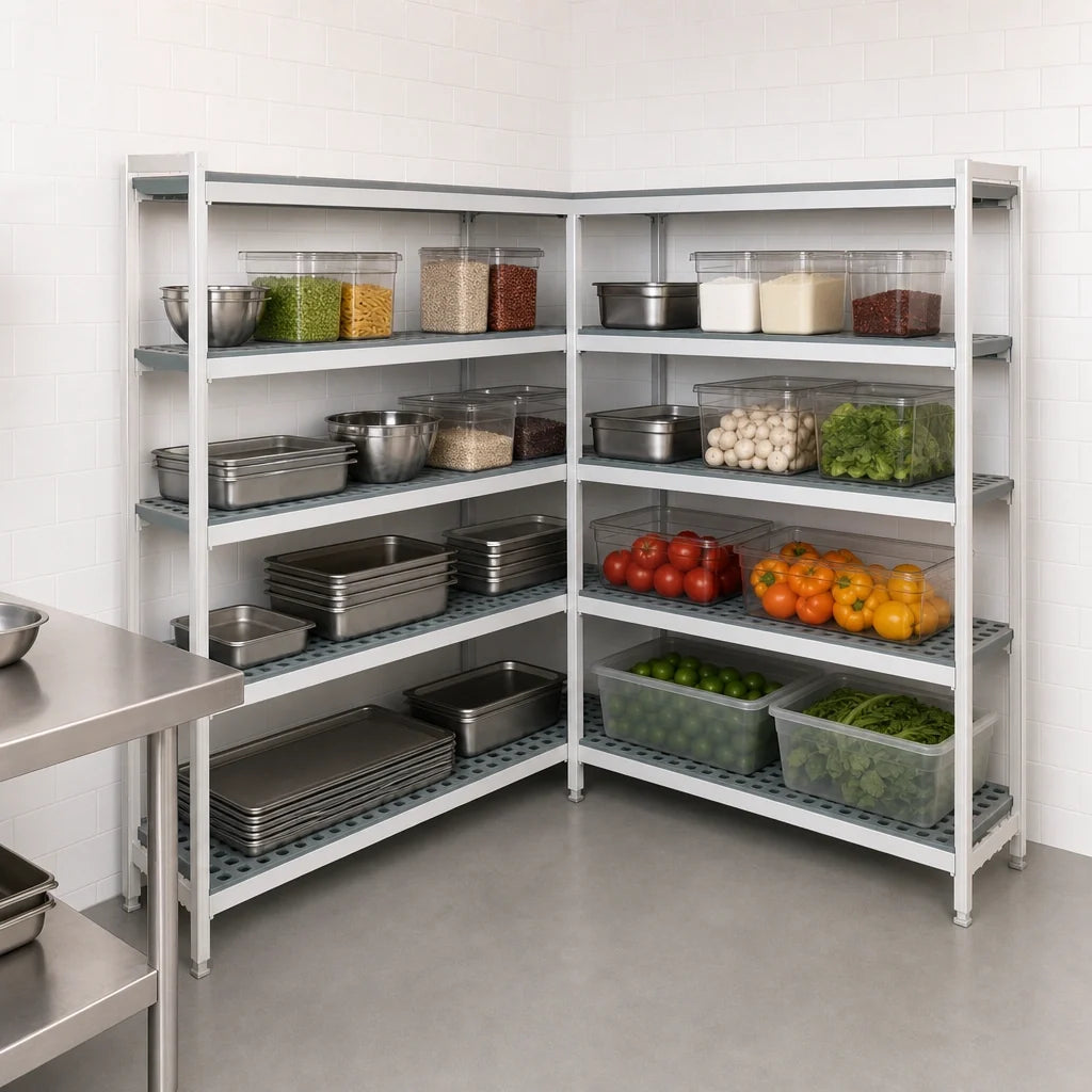 Fermod Fermostock 4R52A71-CE 4-Tier Corner Expansion Polymer Shelving Unit, 71"H x 52"W x 14"D