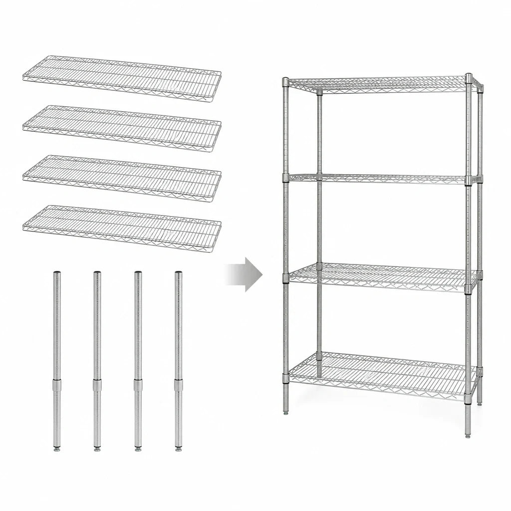 Quantum WR63-3672C Stationary Chrome Wire Shelving Starter Unit, 72"W x 36"D x 63"H, 4 Shelves, 4 Posts