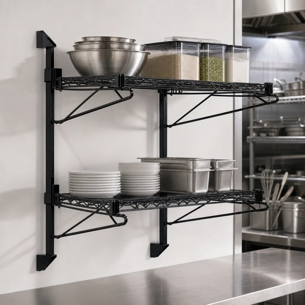 Quantum WC34-CB1436BK Wall-Mounted Cantilever Wire Shelving Unit, 2 Shelves, 36 x 14 in, Black Epoxy Finish