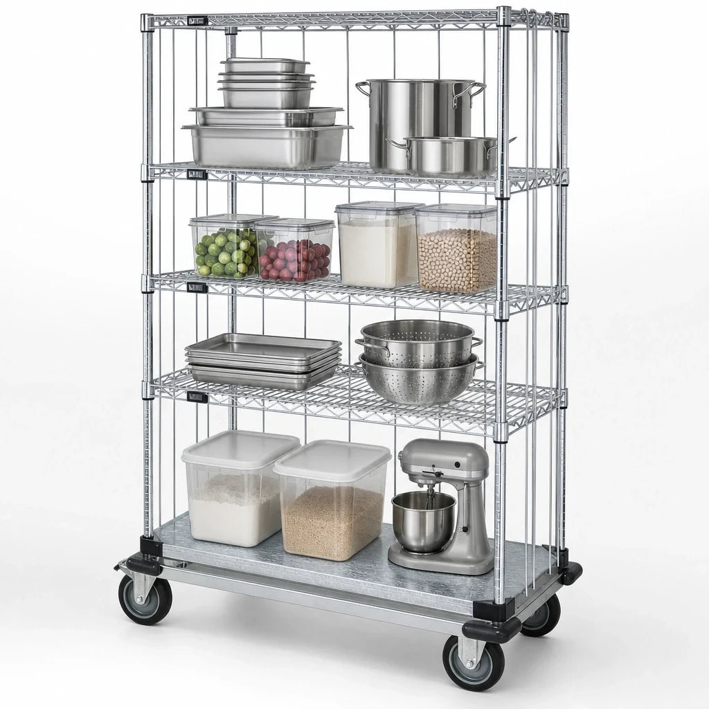 Quantum MD1836CG46RE 4-Shelf Mobile Enclosure Cart, 36 x 18 x 70 Inches, Chrome Plated, 3 Wire and 1 Solid Shelf