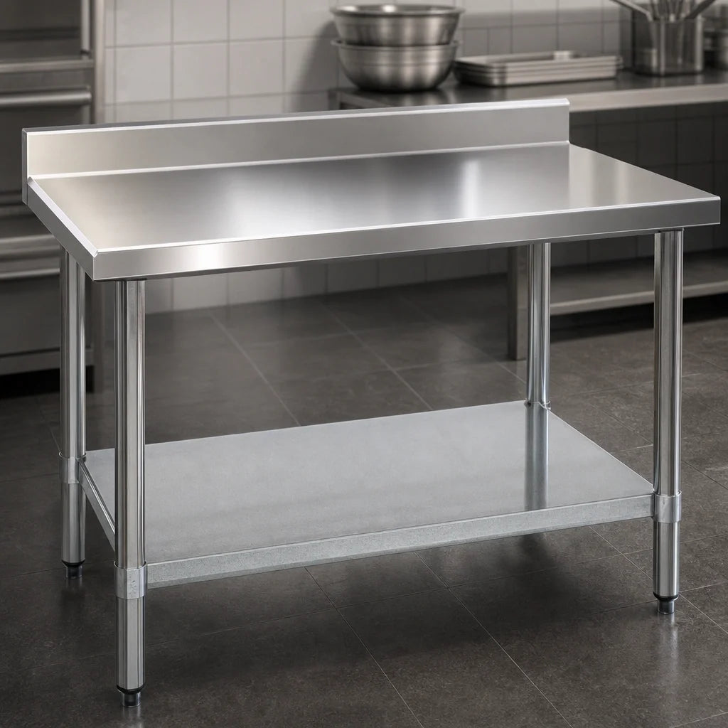 Eagle Group Spec-Master T3072EM-BS 72 x 30 14-Gauge Stainless Steel Work Table with 4-1/2-in Backsplash and Galvanized Undershelf
