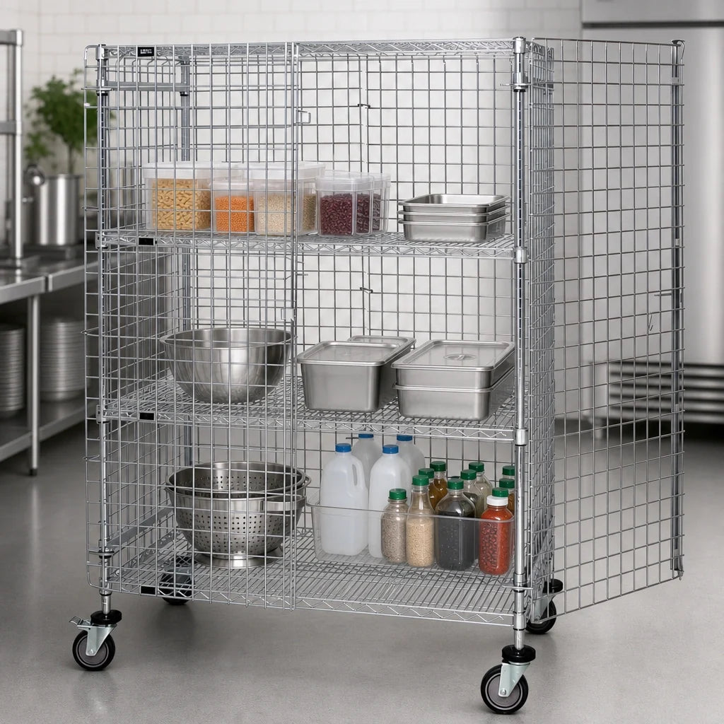 Quantum M2448-69SEC-2 Mobile Wire Security Cage, 2 Intermediate Shelves, 48W x 24D x 69H, Chrome Plated