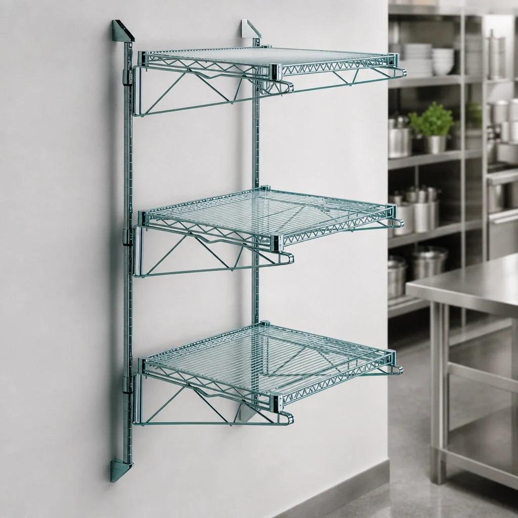Quantum WC54-CB1430P Wall-Mounted Cantilever Starter Shelving Unit with 3 Wire Shelves, 54-Inch Posts and Green Epoxy Antimicrobial Finish