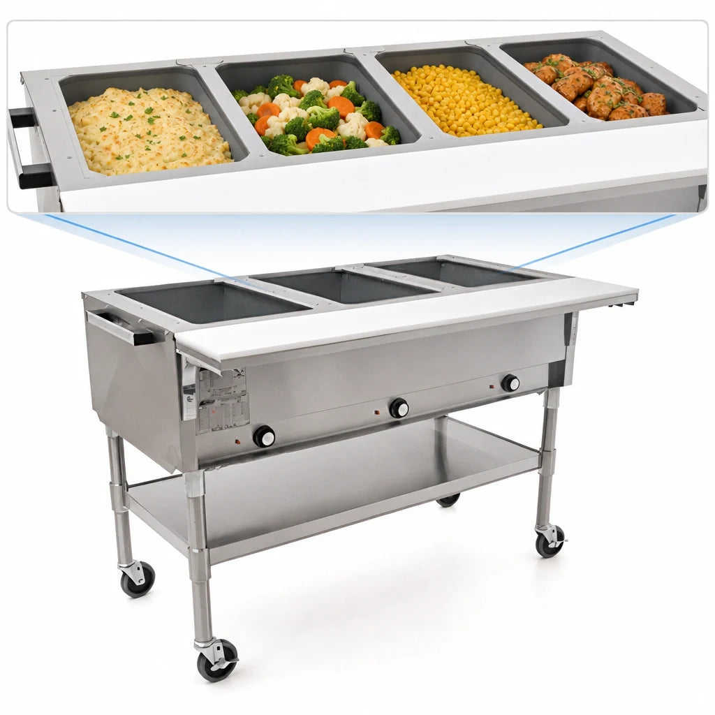 Eagle Group SPDHT4-240 66-Inch Mobile Electric Hot Food Table, 4 Dry Wells, Cutting Board, Open Shelf Base, 240V