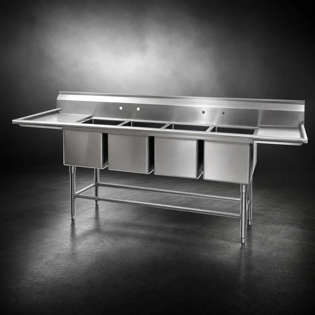 Eagle Group Spec-Master FN2880-4-30L-14/3 Four-Compartment Stainless Steel Sink, 20" x 28" x 14" Bowls, 30" Left Drainboard