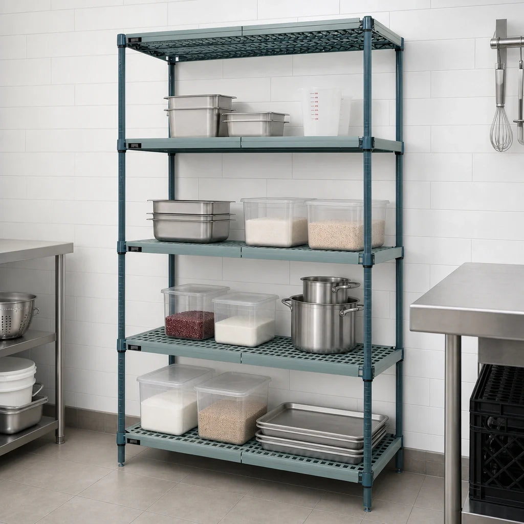 Quantum WR86-2142WPM 4-Tier Stationary Wire Plastic Mat Shelving Unit, 42W x 21D x 86H, Green Epoxy