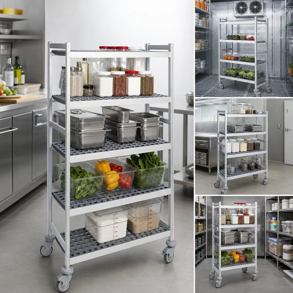Fermod Fermostock 4R31B71M 4-Tier Perforated Mobile Shelving Unit, Removable Polymer Inserts, 31 x 18 x 71 Inches, Gray