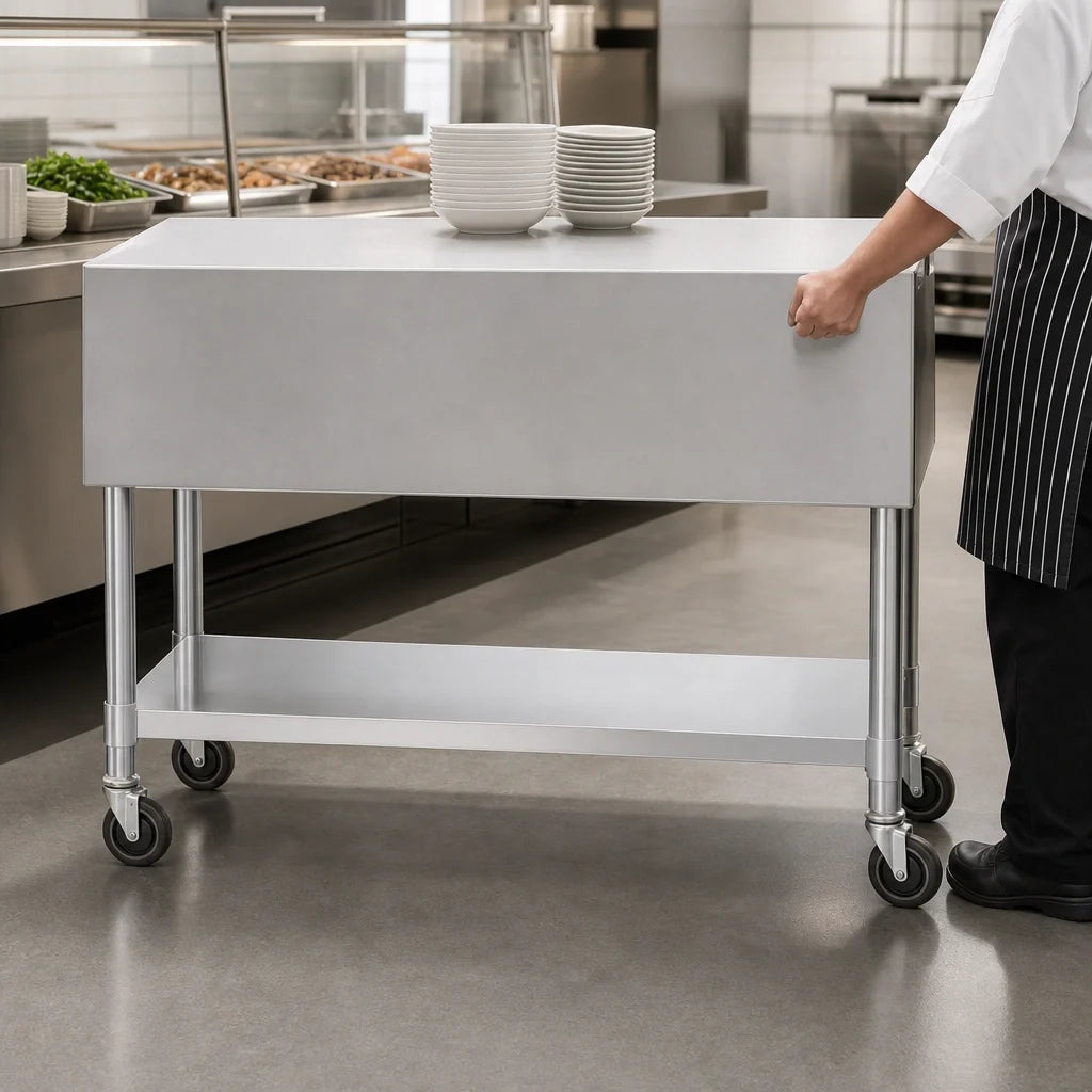 Eagle Group PST-4 66-Inch Mobile Stainless Steel Utility Serving Counter, Solid Top, Open Base, 4-Inch Casters