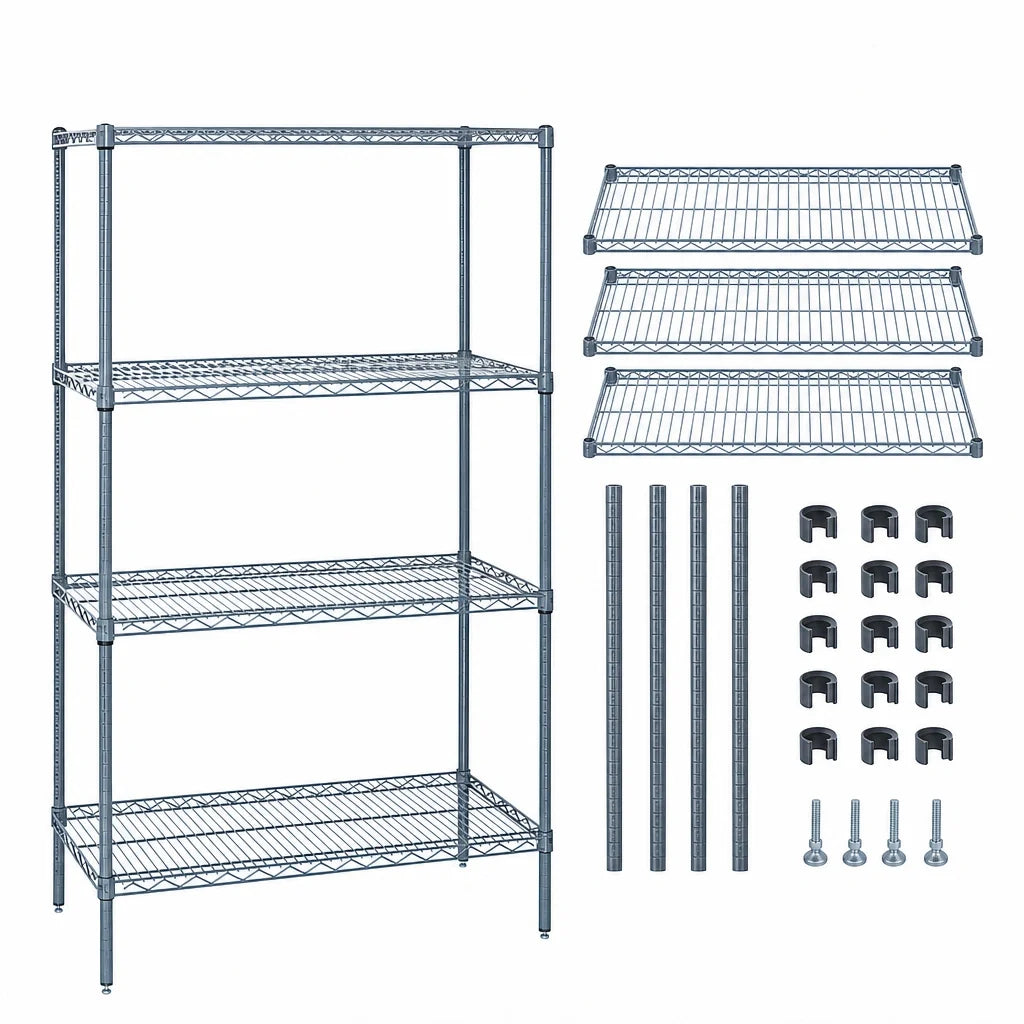 Quantum WR54-1460GY Wire Shelving Starter Unit, 60"W x 14"D x 54"H, 4 Shelves/4 Posts, Gray Epoxy Finish