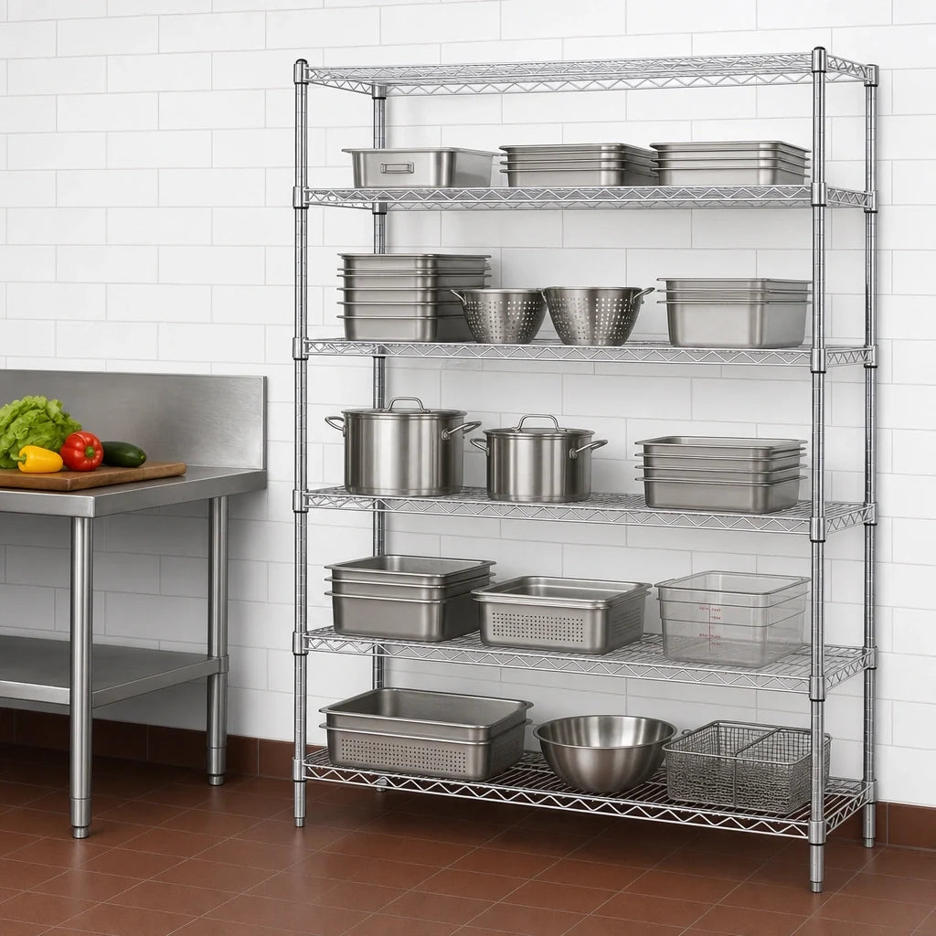 Quantum WR54-3072C-5 Stationary Chrome Wire Shelving Starter Unit, 5 Shelves, 4 Posts, 72"W x 30"D x 54"H