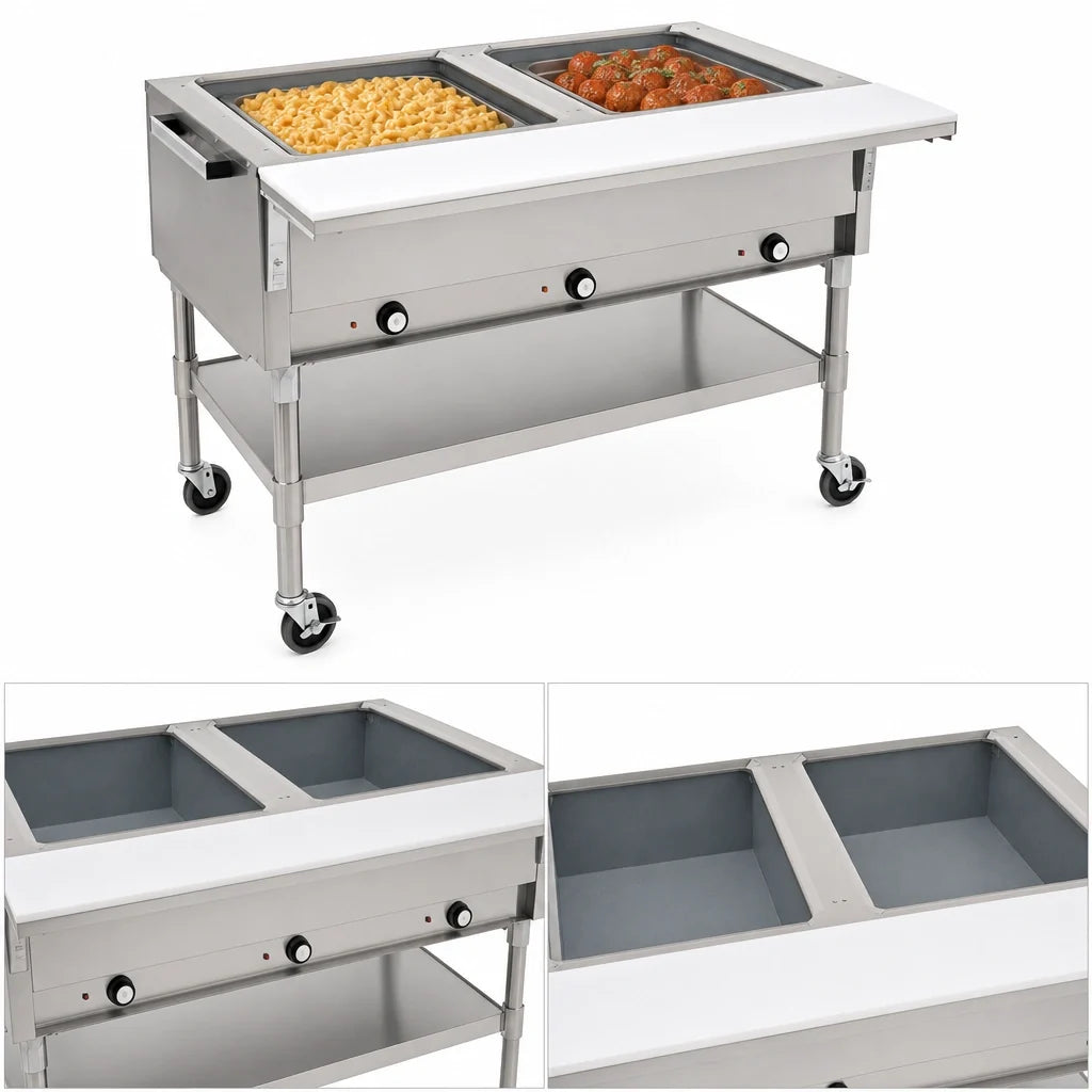 Eagle Group SPDHT2-120 36-Inch Mobile Electric Hot Food Table, 2 Dry Wells, Open Base, Stainless Steel, 8-Inch Cutting Board