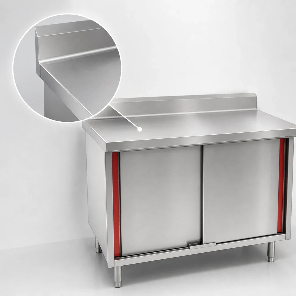 Eagle Group Spec-Master CBH2484SEM-BS 84" x 24" Stainless Steel Enclosed Work Table, 14-Gauge Top, 4-1/2" Backsplash, 4 Doors