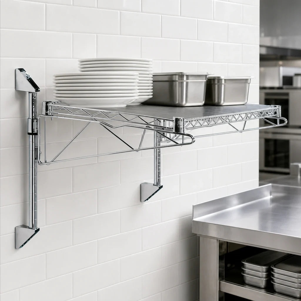 Quantum WC14-CB2124C Wall-Mount Cantilever Single-Shelf Wire Shelving Unit, 24 x 21 Inch, Chrome Plated