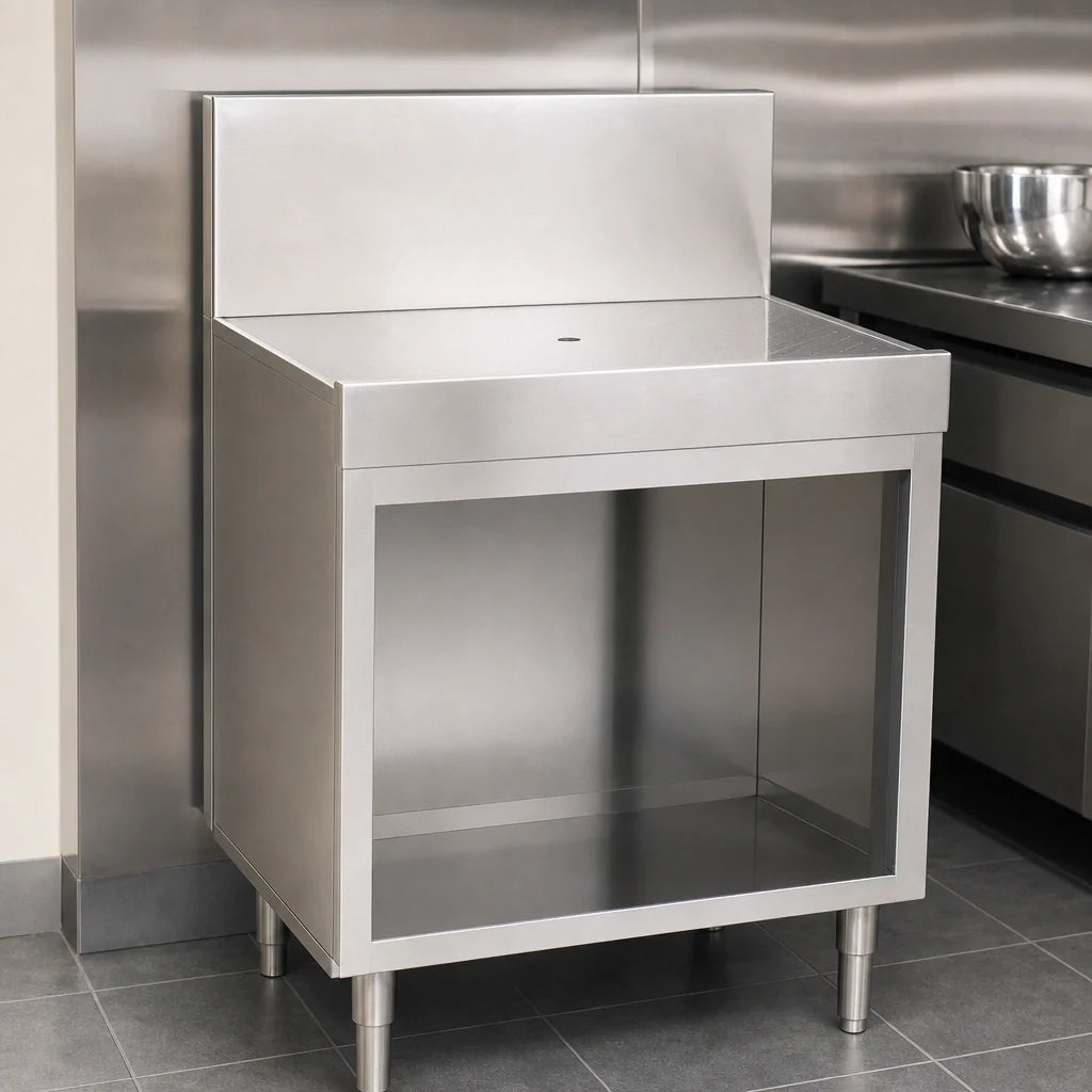 Eagle Group Spec-Bar WBOB48-19 Freestanding Stainless Steel Workboard Cabinet, Open Base, 48"W x 19"D, Removable Drain Insert, 8" Backsplash