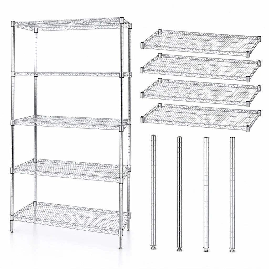 Quantum WR86-2136C-5 36"W x 21"D x 86"H Chrome Wire Shelving Starter Unit, Stationary, 5 Shelves