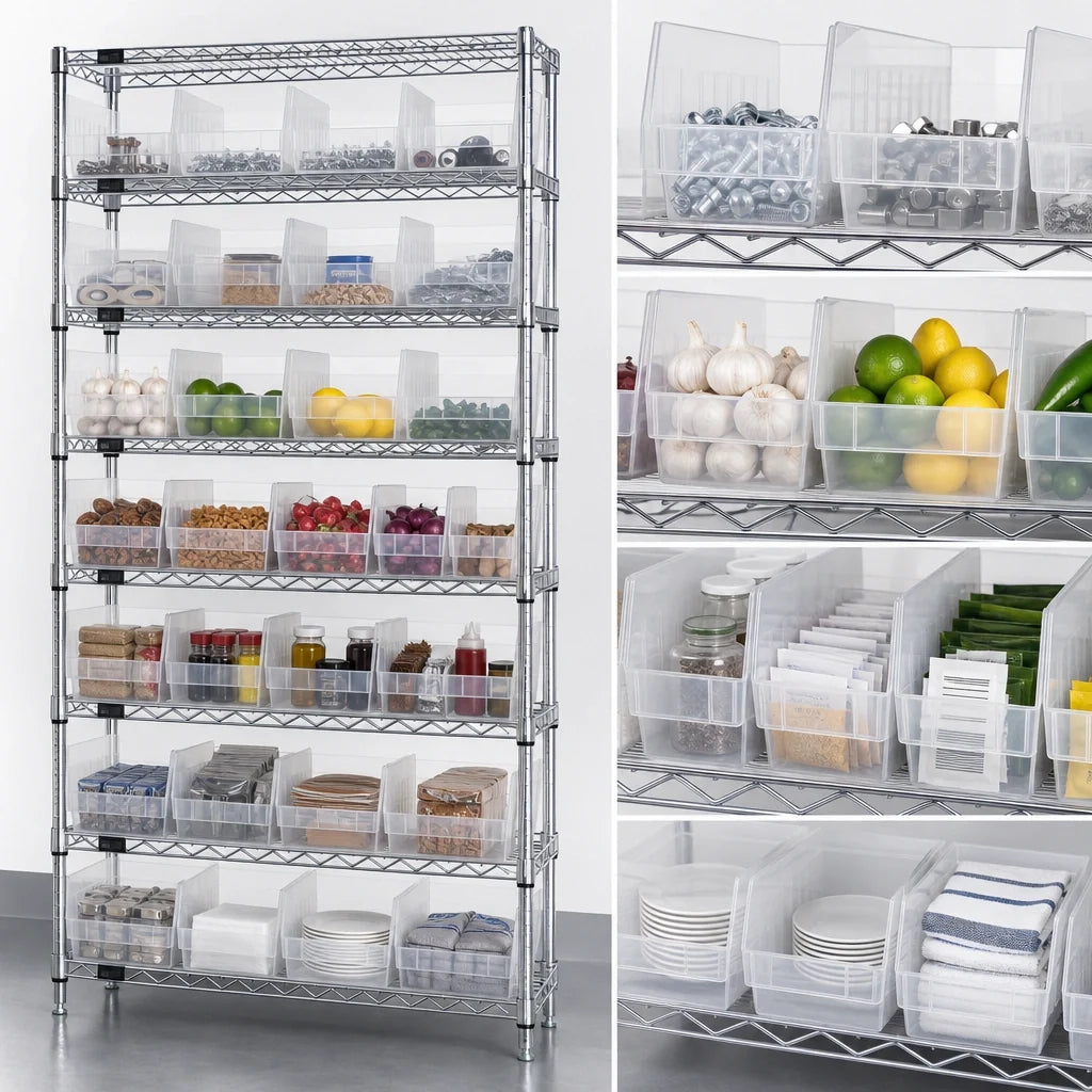 Quantum WR9-214CL Stationary Bin Wire Shelving System with 32 Clear Bins, 9 Shelves, Chrome, 36"W x 24"D x 74"H