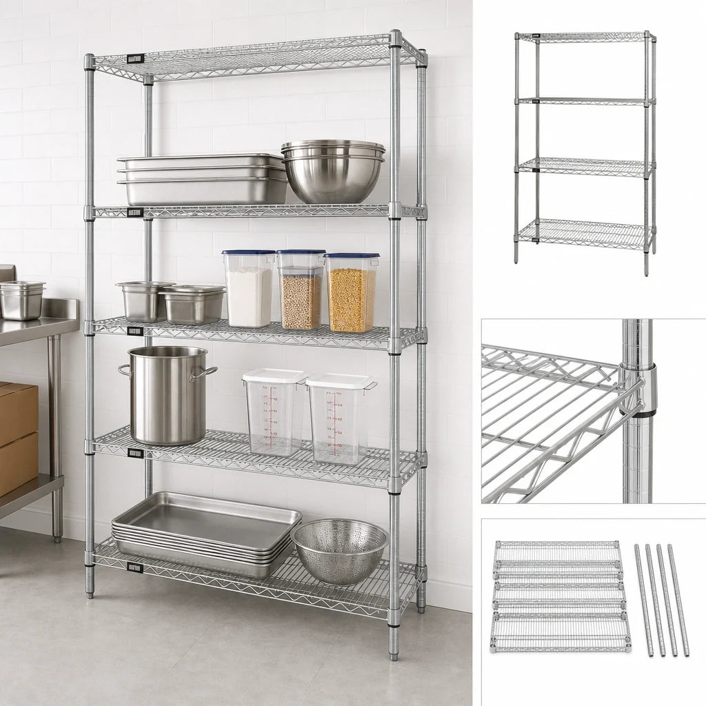 Quantum WR86-1854C 4-Shelf Chrome Wire Shelving Starter Kit, 54"W x 18"D x 86"H, 600–800 lb. Capacity per Shelf