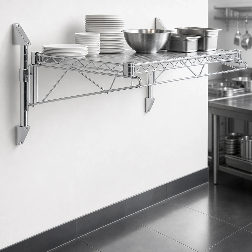 Quantum WC14-CB2154C Wall-Mounted Cantilever Single Wire Shelf, 54"W x 21"D, Chrome Plated, NSF Listed