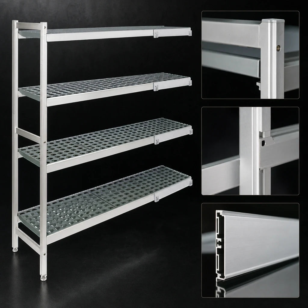 Fermod Fermostock 4R47C83-CE 4-Tier Corner Expansion Shelving Unit, 83" H x 47" W x 22" D, Anodized Aluminum