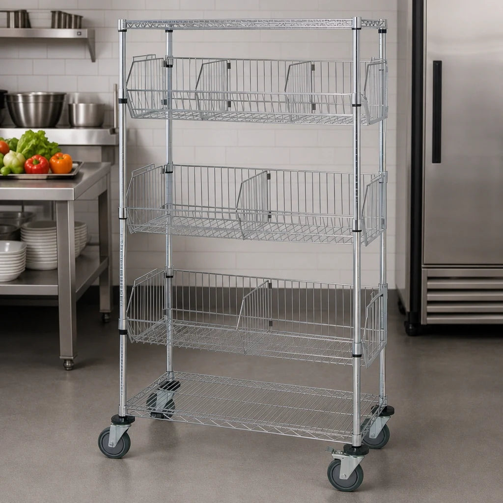 Quantum M2448BC6C Mobile Chrome-Plated Basket Unit with 3 Adjustable Baskets, 2 Wire Shelves, 48W x 24D x 69H