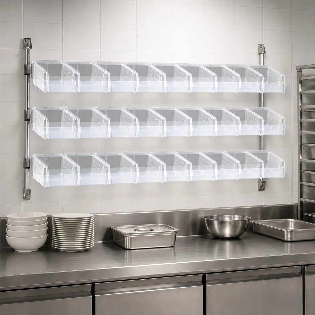 Quantum CAN-34-60BH-230CL Wall-Mount Cantilever Bin Holder Starter Unit with 18 Clear Bins, 60W x 10-7/8D x 34H, Chrome Plated