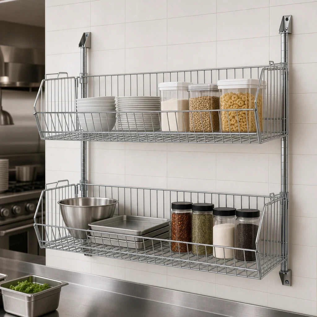 Quantum CAN-34-1448BC-PWB Wall-Mounted Cantilever Wire Basket Kit, 48 W x 14 D x 34 H, Chrome-Plated, Includes 2 Baskets