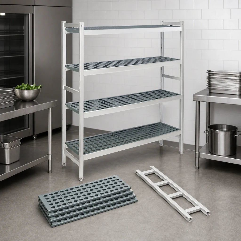 Fermod Fermostock 4R38A71 4-Tier Stationary Starter Polymer Shelving Unit, 71"H x 38"W x 14"D, Perforated, Gray