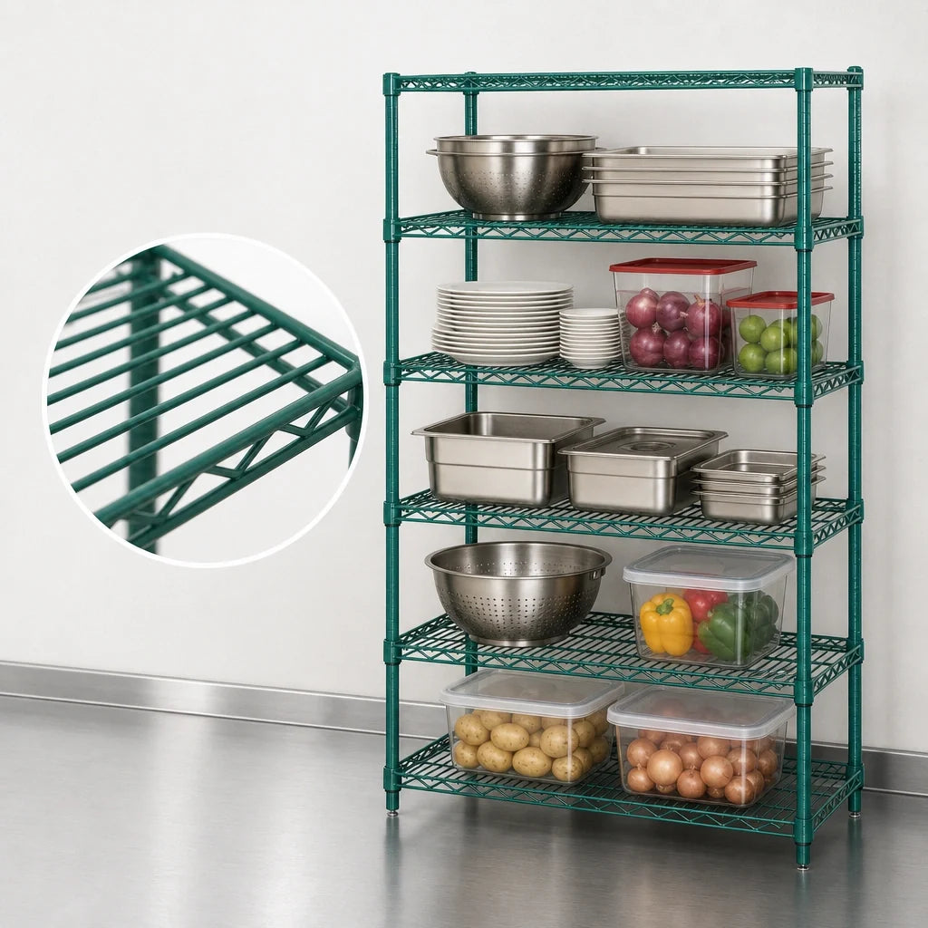 Quantum WR54-1442P-5 Stationary Wire Shelving Starter Unit, 42"W x 14"D x 54"H, 5-Shelf, Green Epoxy