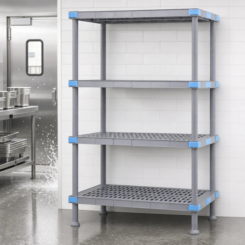 Quantum QP216050VS-4 All-Polymer Shelving Unit, 60"W x 21"D x 50"H, 4 Open Grid Shelves, Dunnage Stand, 2000 lb. Capacity, Gray