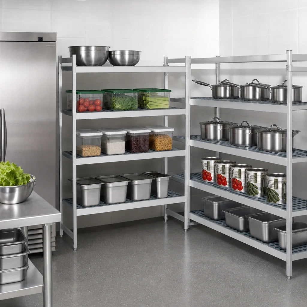 Fermod Fermostock 4R52B66-CE 4-Tier Corner Expansion Polymer Shelving Unit, 52"W x 18"D x 66"H, Gray, Perforated