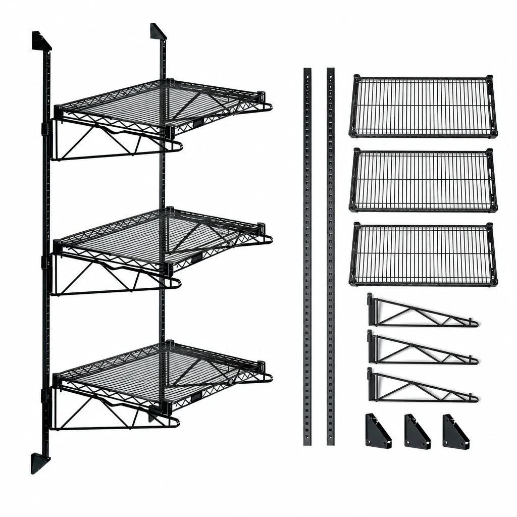 Quantum WC54-CB2142BK Wall-Mounted Cantilever Shelving Starter Unit with 3 Wire Shelves, Black Epoxy Antimicrobial Finish