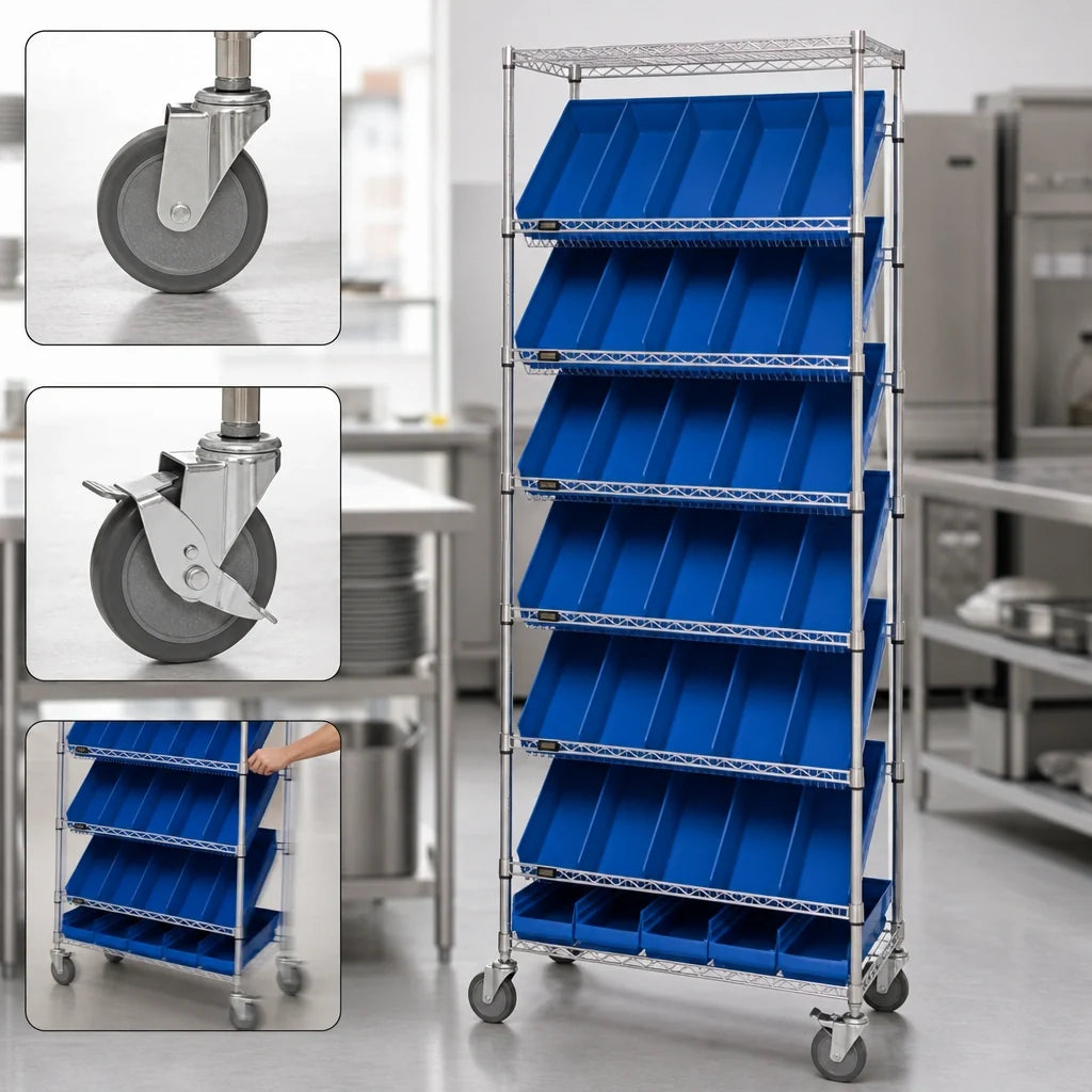 Quantum MWRS-7-108 Mobile Chrome Wire Shelving Bin System, 24 Bins, 7 Shelves, 36 x 18 x 74 Inches