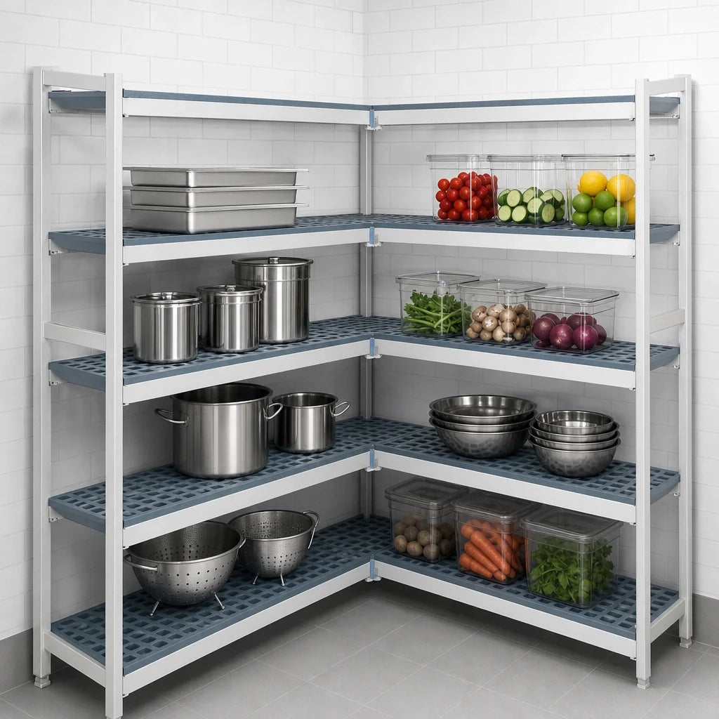 Fermod Fermostock 4R52A66-CE 4-Tier Corner Expansion Shelving Unit with Polymer Inserts, 66" H x 52" W x 14" D