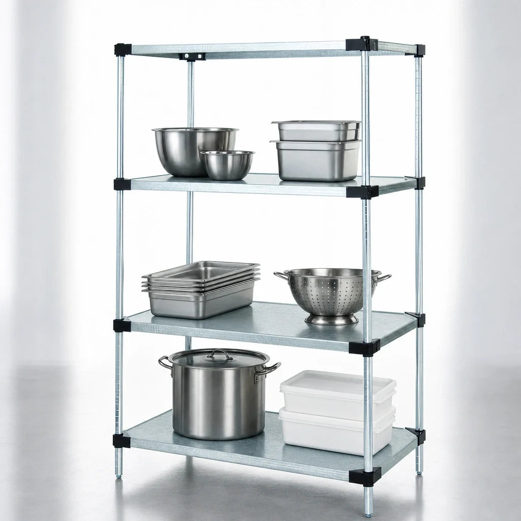 Quantum WR63-2124SG Solid Shelving Starter Unit, Stationary, 4 Galvanized Steel Shelves, Chrome Posts, 24"W x 21"D x 63"H