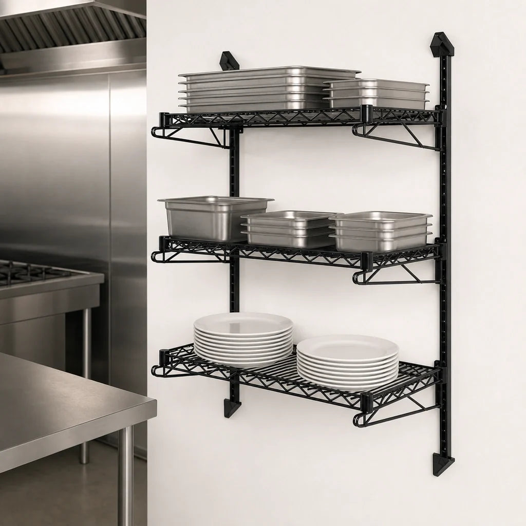 Quantum WC54-CB2472BK Wall-Mounted 3-Shelf Wire Starter Unit, Black Epoxy Antimicrobial Finish