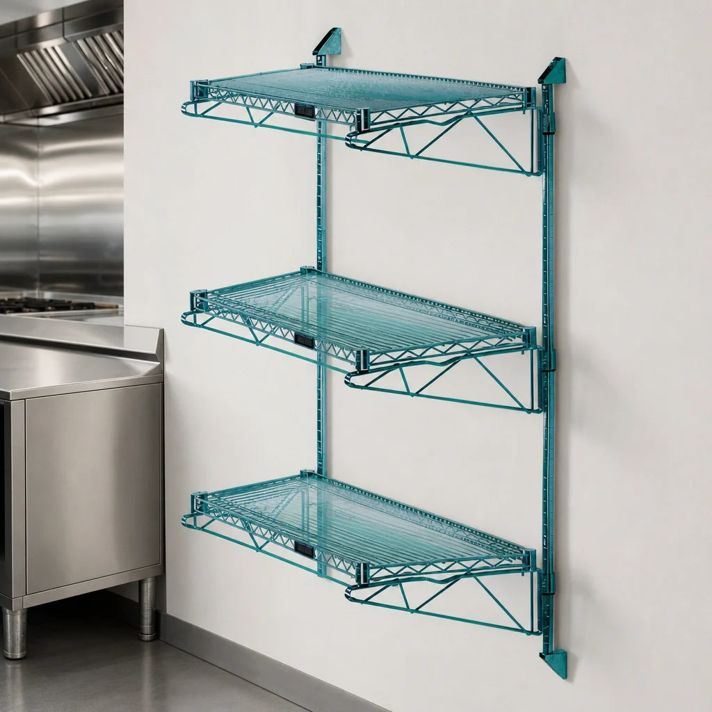 Quantum WC54-CB2142P 3-Shelf Wall-Mount Cantilever Wire Shelf Starter Unit, Green Epoxy Antimicrobial Finish