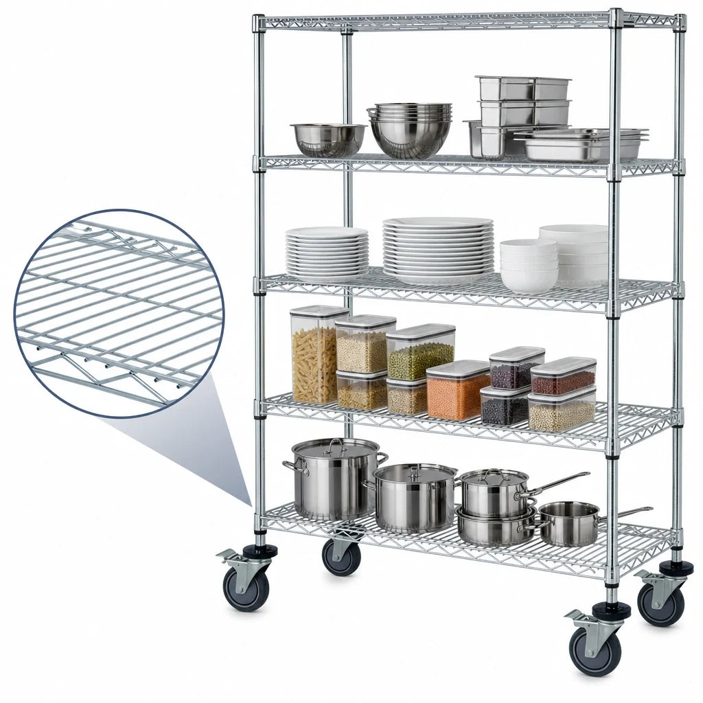 Quantum M2460C46 60"W x 24"D x 69"H Chrome Mobile Wire Shelving Cart with 4 Shelves and 5" Casters