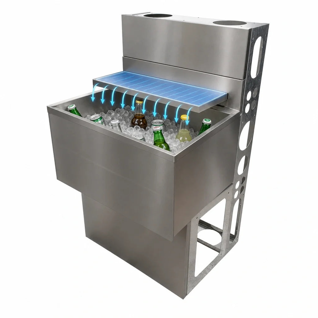 BK Resources UBDW-18-IBCP24-8 Underbar Ice Bin with 8-Circuit Cold Plate, 66 lb Capacity, Stainless Steel, 4-Inch Backsplash