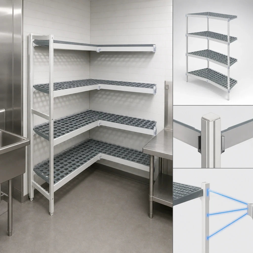 Fermod Fermostock 4R38C83-CE 4-Tier Corner Expansion Polymer Shelving Unit, 83"H x 38"W x 22"D, Gray, Anodized Aluminum