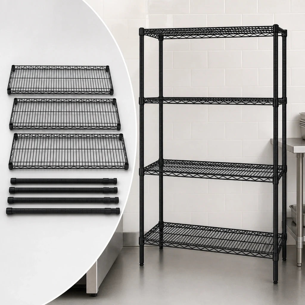 Quantum WR63-2442BK Stationary Wire Shelving Starter Unit, 42"W x 24"D x 63"H, 4 Shelves, Black Epoxy Finish