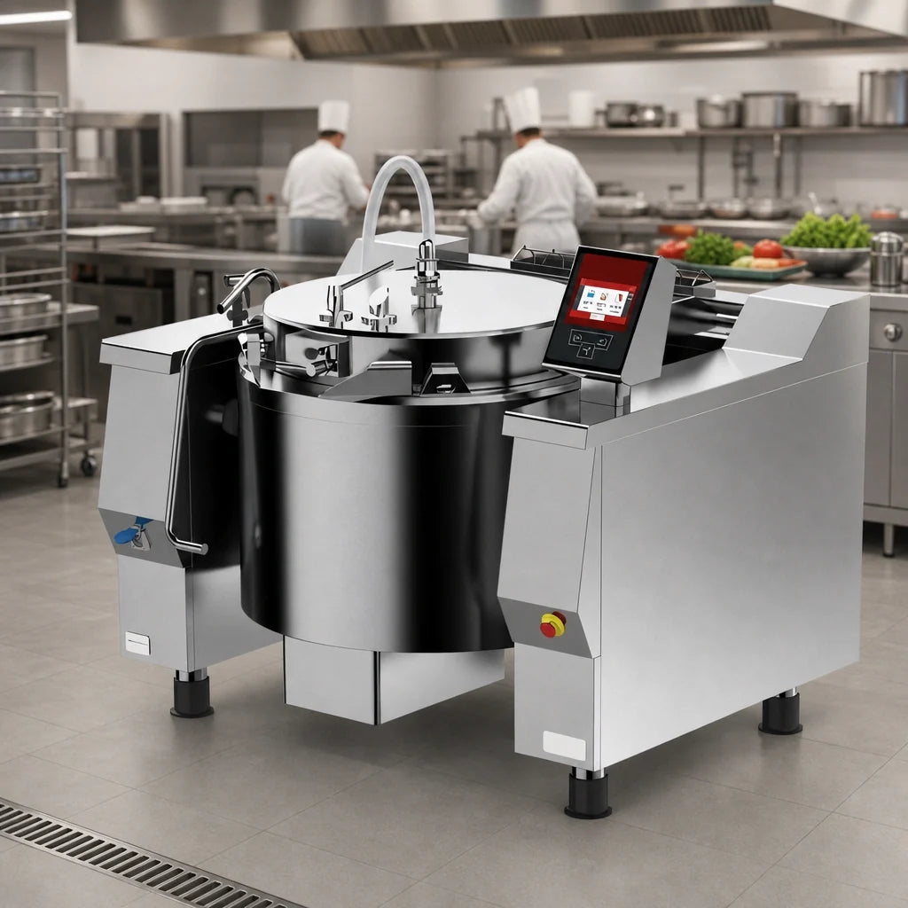 Firex (Middleby) Cucimix UCBTE048AV1 48-Gallon Electric Tilting Pressure Braising Pan with Programmable Touchscreen and Automatic Mixer