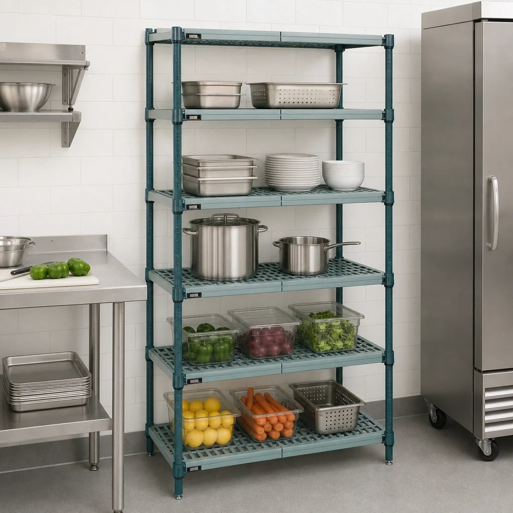 Quantum WR63-1448WPM-5 5-Tier Stationary Wire Plastic Mat Shelving Unit, 48W x 14D x 63H, Green Epoxy Coated