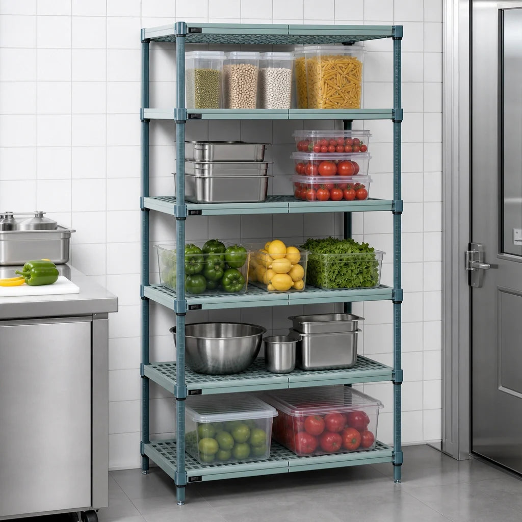 Quantum WR63-1836WPM-5 Stationary Wire Plastic Mat Shelving Unit, 5-Tier, 36"W x 18"D x 63"H, Green Epoxy Coated