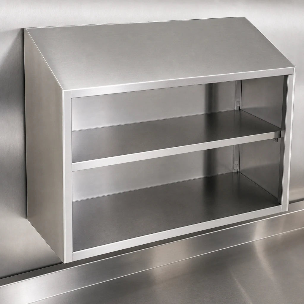 Eagle Group WCO-48 Open-Front Wall-Mounted Stainless Steel Cabinet, 48"W, Sloped Top, Fixed Center Shelf