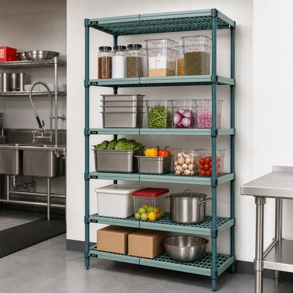 Quantum WR86-2142WPM-5 5-Tier Stationary Wire Plastic Mat Shelving Unit, 42W x 21D x 86H, Green Epoxy Finish