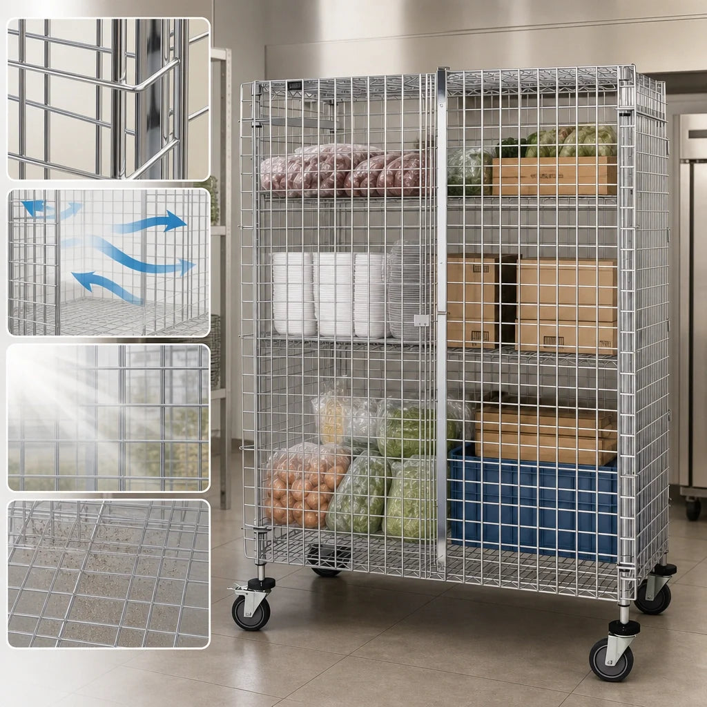 Quantum M1848-69SEC Mobile Wire Security Cage with Locking Doors, Chrome, 48W x 18D x 69H