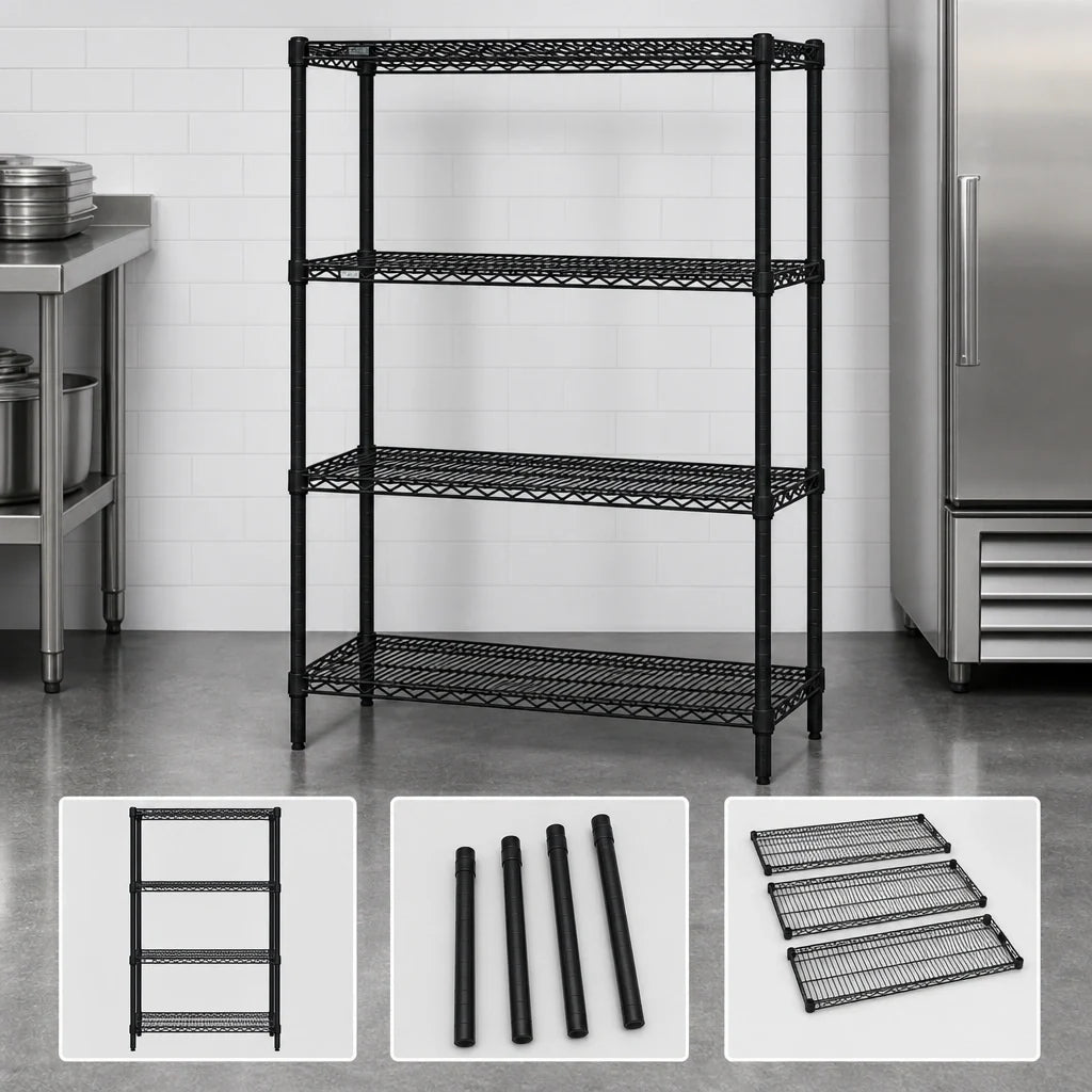 Quantum WR54-2130BK 30"W x 21"D x 54"H Black Epoxy 4-Shelf Stationary Wire Shelving Starter Kit