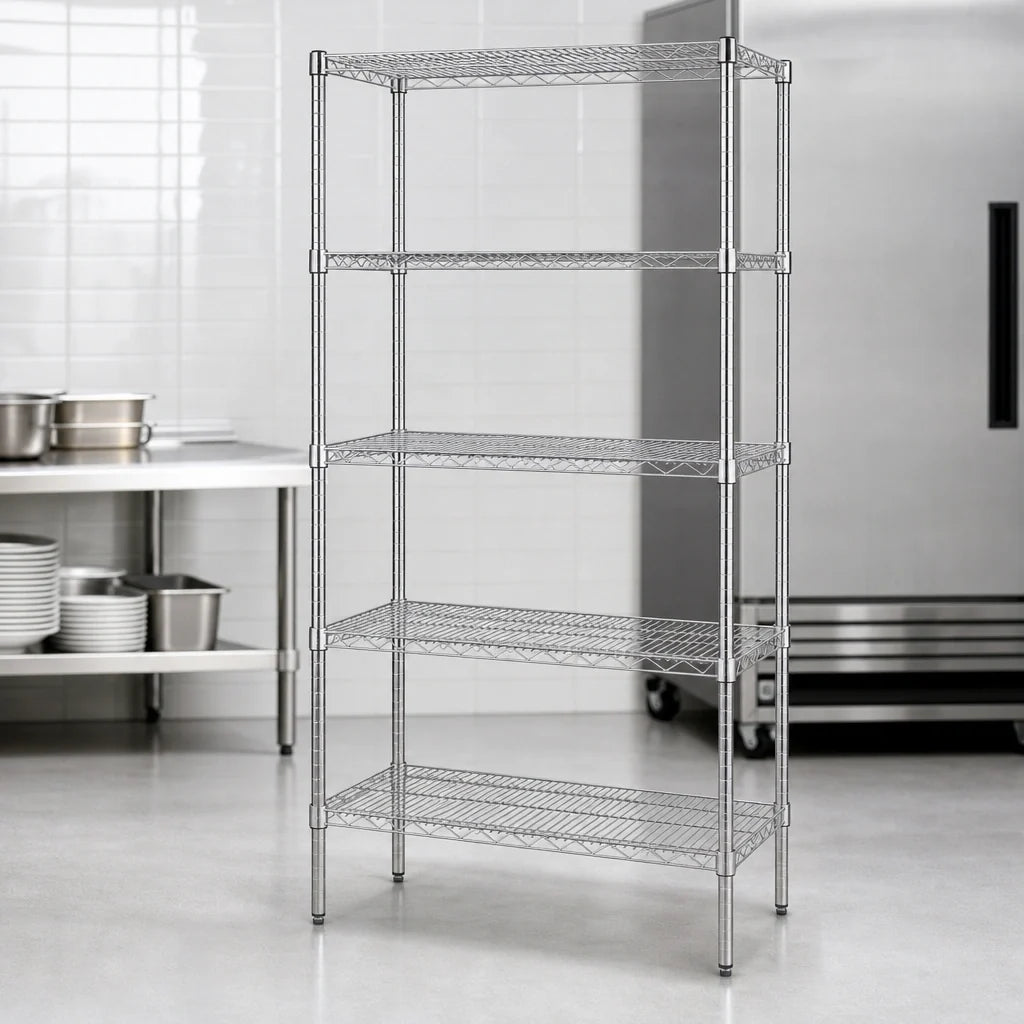 Quantum WR63-2130C-5 Stationary Chrome-Plated Wire Shelving Starter Kit, 30"W x 21"D x 63"H, 5 Shelves