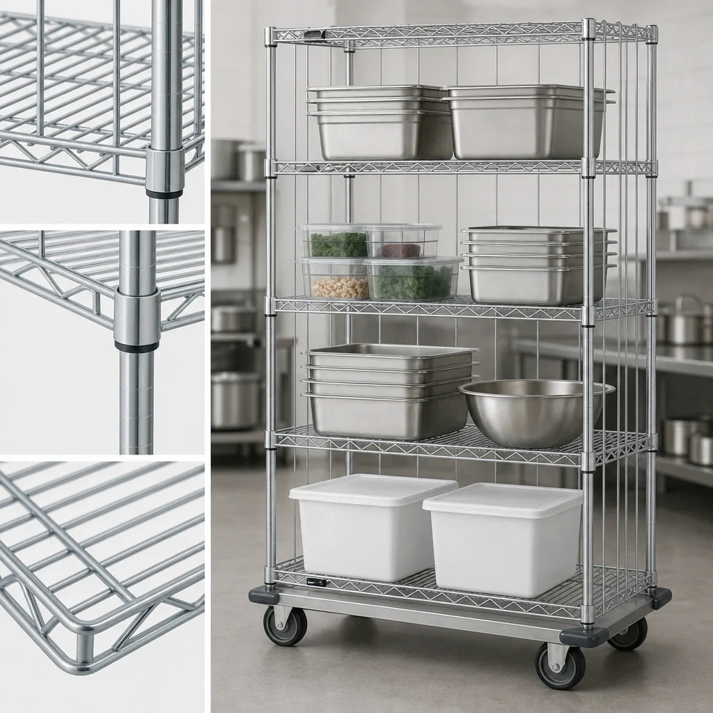Quantum MD1860C47RE Mobile Enclosure Wire Shelving Cart, 4 Shelves, 60W x 18D x 81H, Chrome Finish