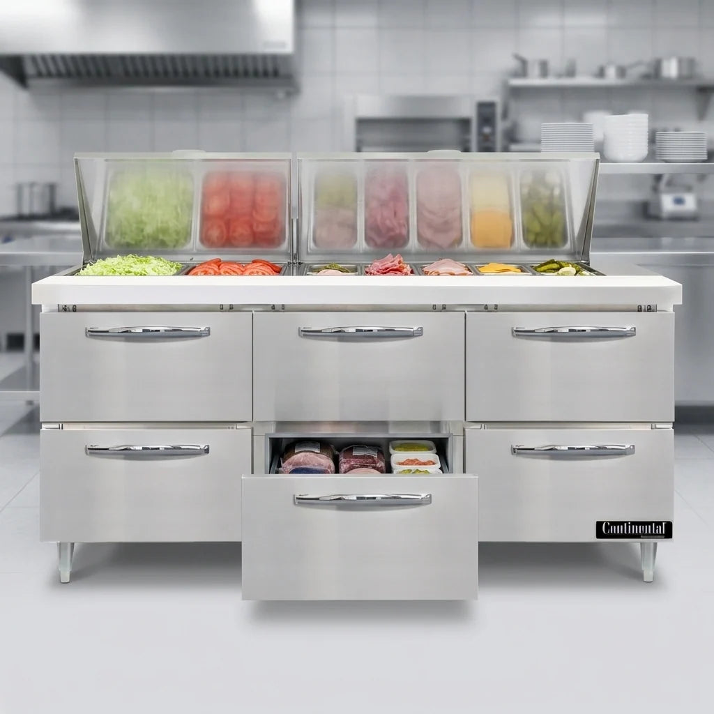 Continental Refrigerator Designer Line D72N27M-D 72" Three-Section Refrigerated Sandwich Prep Table, 6 Drawers, 27-Pan Capacity